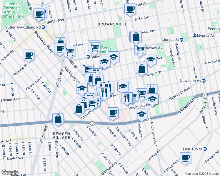 map of restaurants, bars, coffee shops, grocery stores, and more near 37 Lott Avenue in Brooklyn