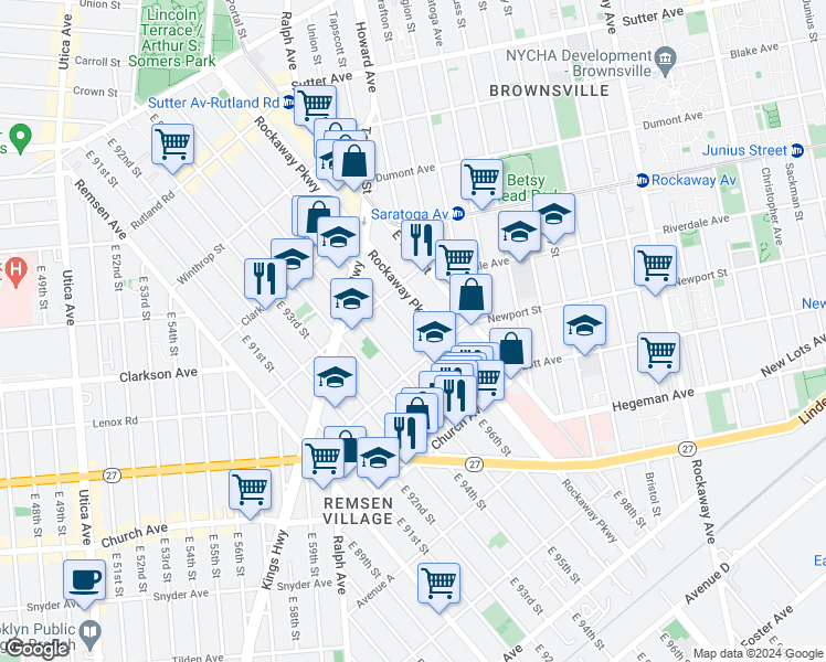map of restaurants, bars, coffee shops, grocery stores, and more near 399 East 95th Street in Brooklyn