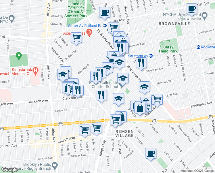 map of restaurants, bars, coffee shops, grocery stores, and more near 330 East 92nd Street in Brooklyn