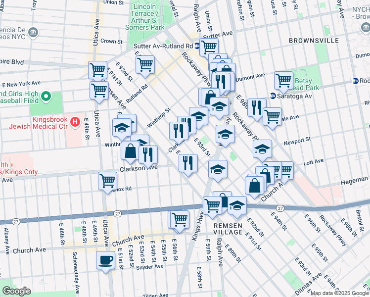 map of restaurants, bars, coffee shops, grocery stores, and more near 330 East 92nd Street in Brooklyn