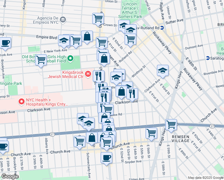 map of restaurants, bars, coffee shops, grocery stores, and more near 651 Utica Avenue in Brooklyn
