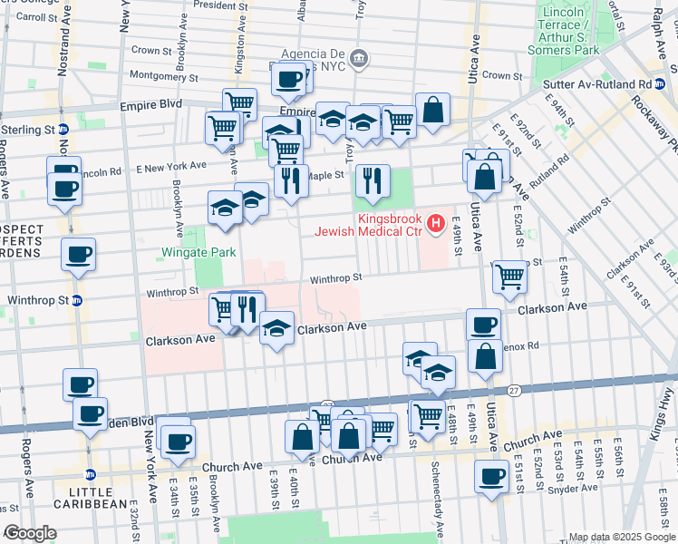 map of restaurants, bars, coffee shops, grocery stores, and more near 680 Winthrop Street in Brooklyn