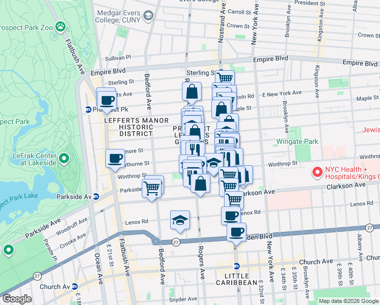 map of restaurants, bars, coffee shops, grocery stores, and more near 583 Rogers Avenue in Brooklyn