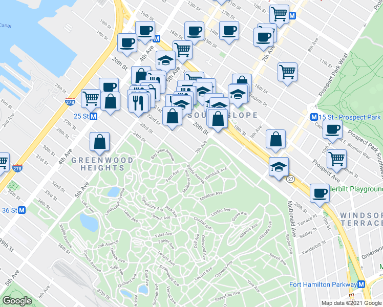 map of restaurants, bars, coffee shops, grocery stores, and more near 620 7th Avenue in Brooklyn