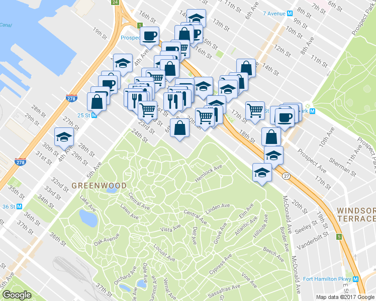 map of restaurants, bars, coffee shops, grocery stores, and more near 620 7th Avenue in Brooklyn