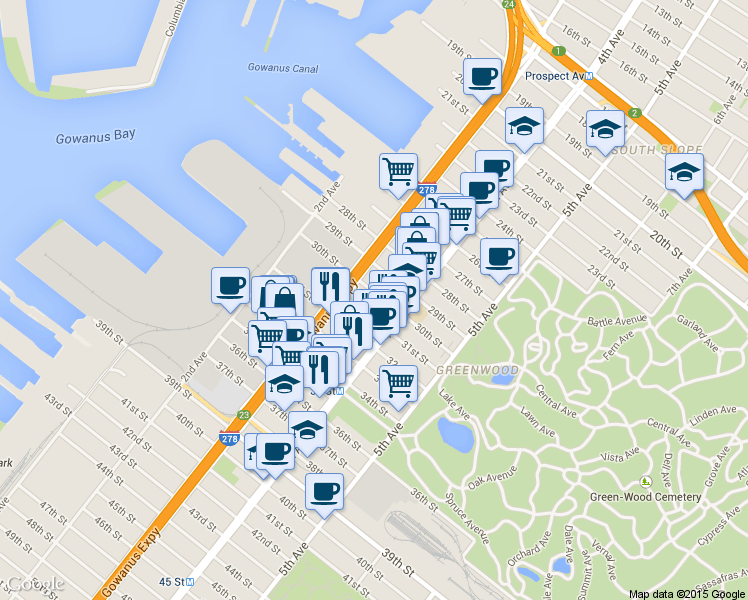 map of restaurants, bars, coffee shops, grocery stores, and more near 146 31st Street in Brooklyn