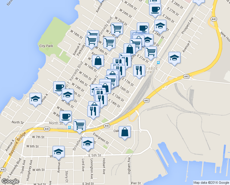 map of restaurants, bars, coffee shops, grocery stores, and more near 22 East 15th Street in Bayonne