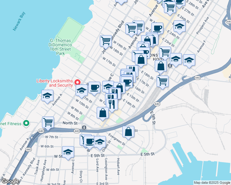 map of restaurants, bars, coffee shops, grocery stores, and more near 309 Broadway in Bayonne