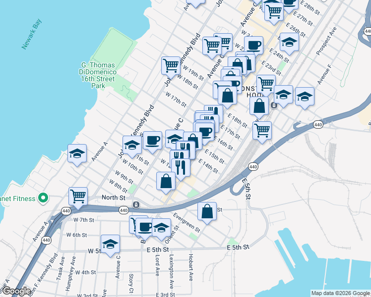 map of restaurants, bars, coffee shops, grocery stores, and more near 309 Broadway in Bayonne