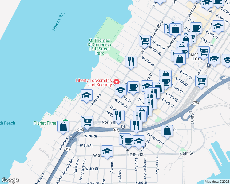 map of restaurants, bars, coffee shops, grocery stores, and more near 330 John F. Kennedy Boulevard in Bayonne