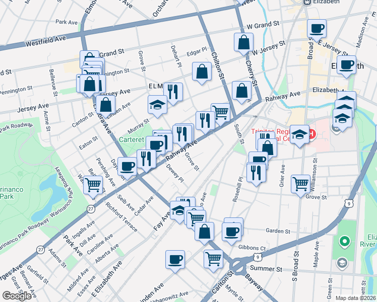 map of restaurants, bars, coffee shops, grocery stores, and more near 1033-1037 Grove Street in Elizabeth