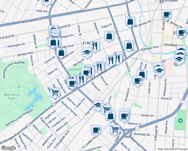 map of restaurants, bars, coffee shops, grocery stores, and more near 1048 Grove Street in Elizabeth