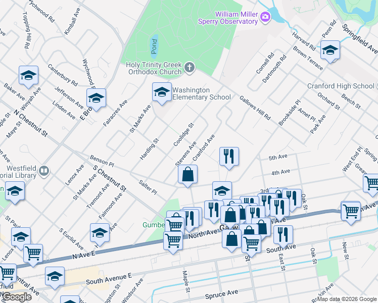 map of restaurants, bars, coffee shops, grocery stores, and more near 820 Cranford Avenue in Westfield