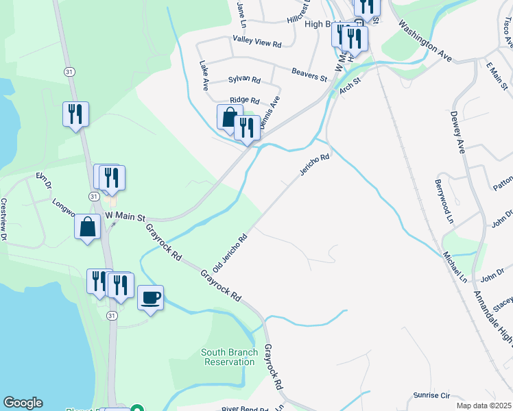 map of restaurants, bars, coffee shops, grocery stores, and more near 50 Jericho Road in High Bridge