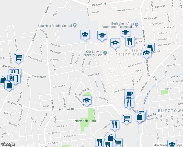 map of restaurants, bars, coffee shops, grocery stores, and more near 3058 Westminster Road in Bethlehem