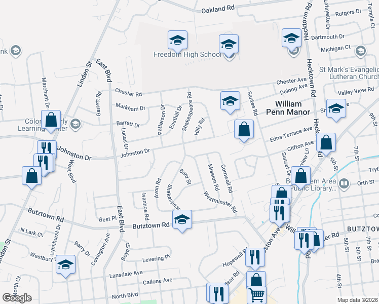 map of restaurants, bars, coffee shops, grocery stores, and more near 3092 Shakespeare Road in Bethlehem