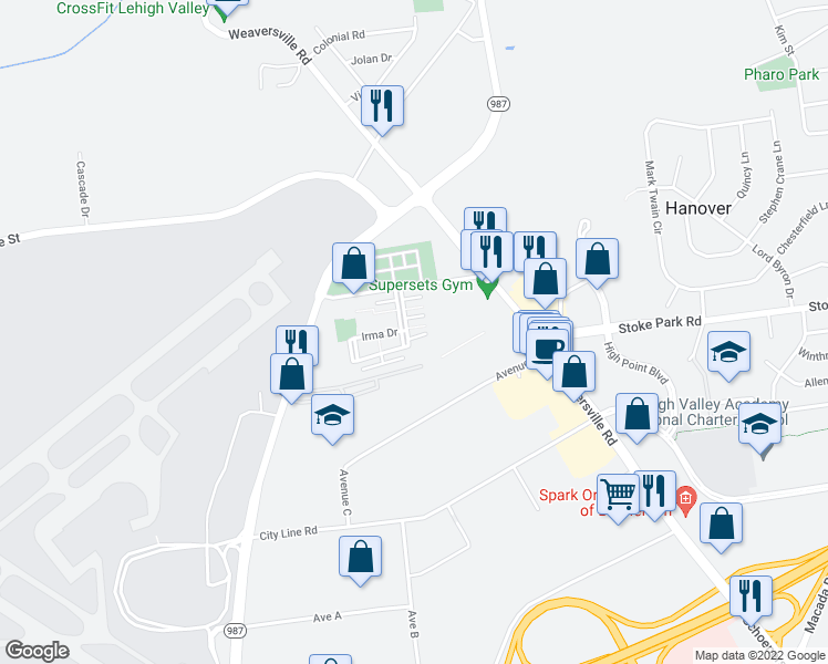 map of restaurants, bars, coffee shops, grocery stores, and more near 3350 Airport Road in Allentown