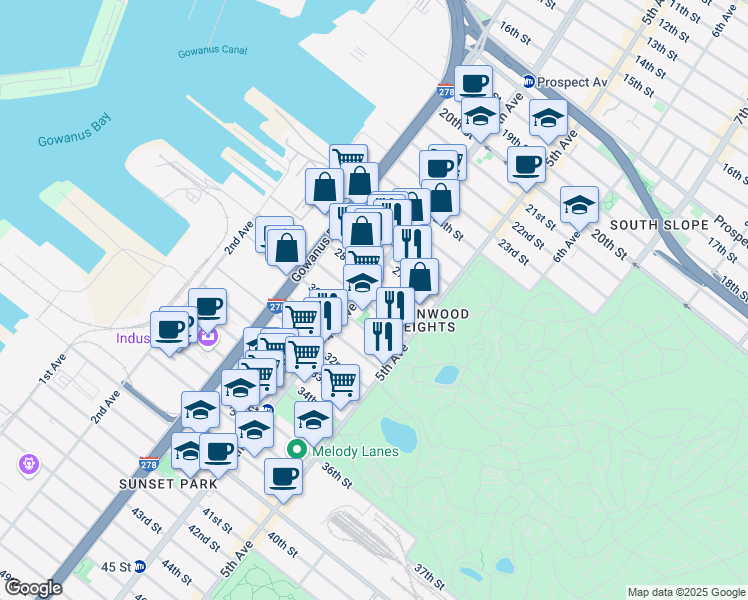 map of restaurants, bars, coffee shops, grocery stores, and more near 177 29th Street in Brooklyn