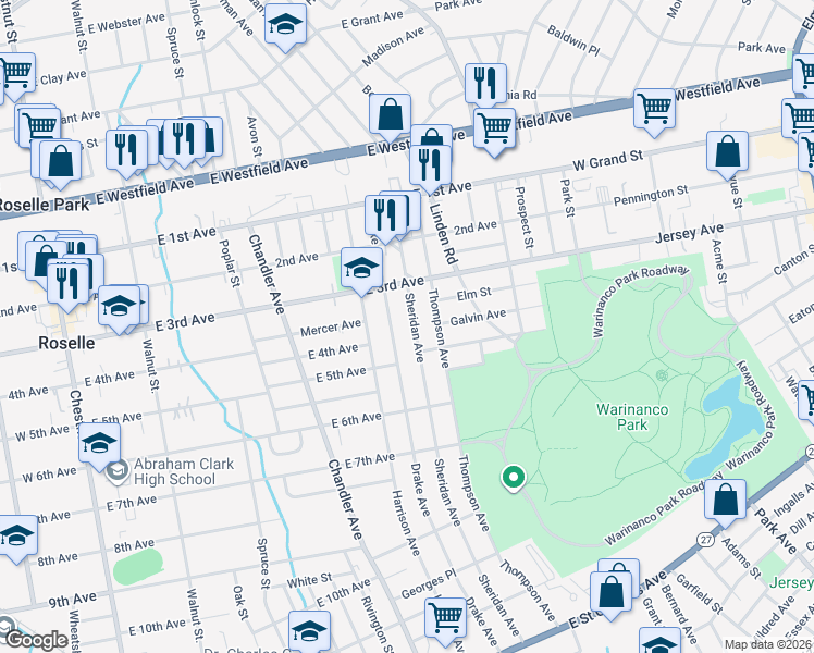 map of restaurants, bars, coffee shops, grocery stores, and more near 407 Drake Avenue in Roselle
