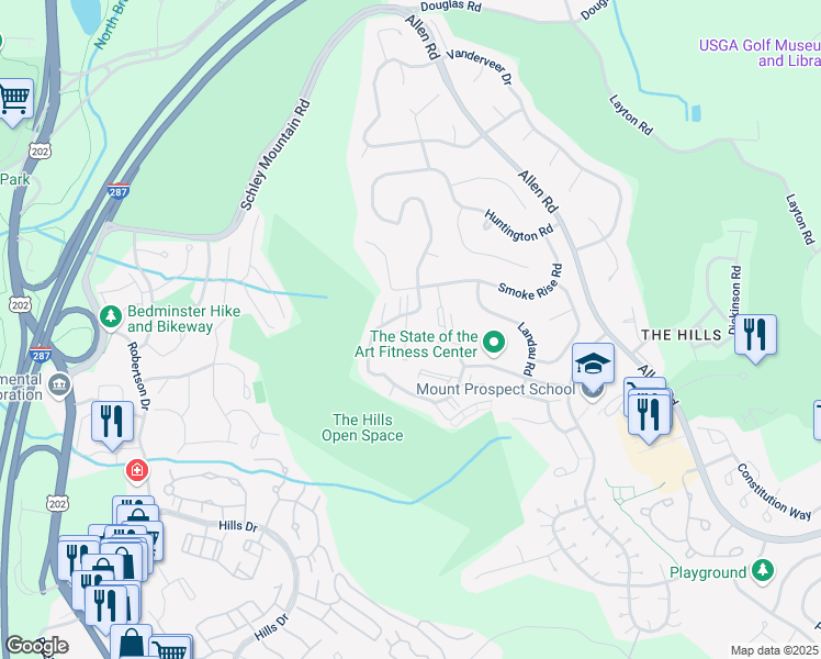 map of restaurants, bars, coffee shops, grocery stores, and more near 83 Hyde Court in Bedminster