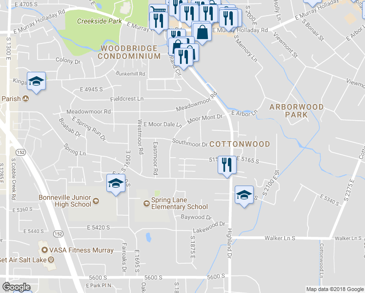 map of restaurants, bars, coffee shops, grocery stores, and more near 1844 Southmoor Drive in Holladay