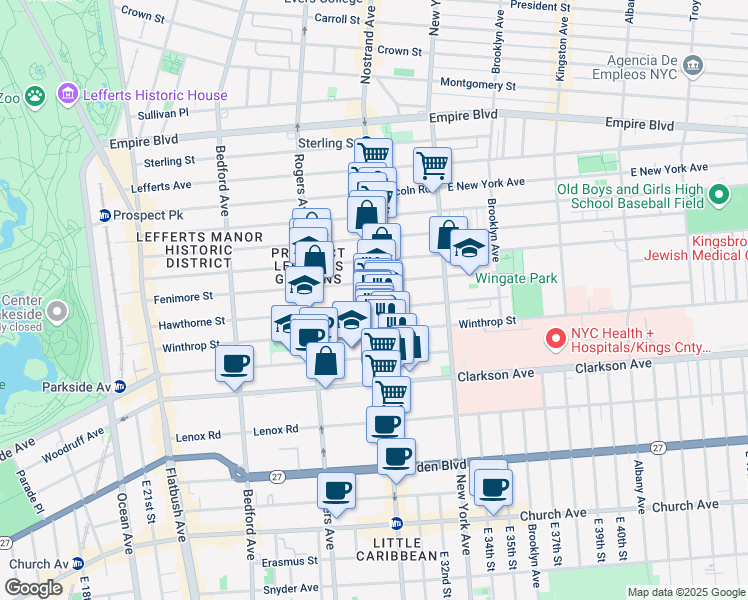 map of restaurants, bars, coffee shops, grocery stores, and more near 1200 Nostrand Avenue in Brooklyn