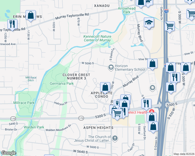 map of restaurants, bars, coffee shops, grocery stores, and more near 5197 South Gravenstein Park in Murray