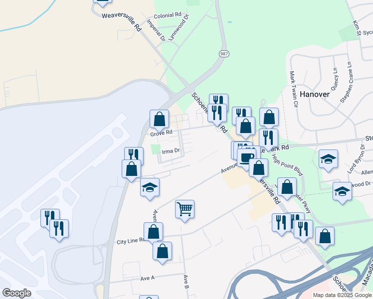 map of restaurants, bars, coffee shops, grocery stores, and more near 3350 Airport Road in Allentown