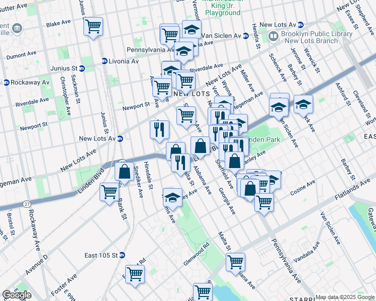 map of restaurants, bars, coffee shops, grocery stores, and more near 1866 Linden Boulevard in Brooklyn