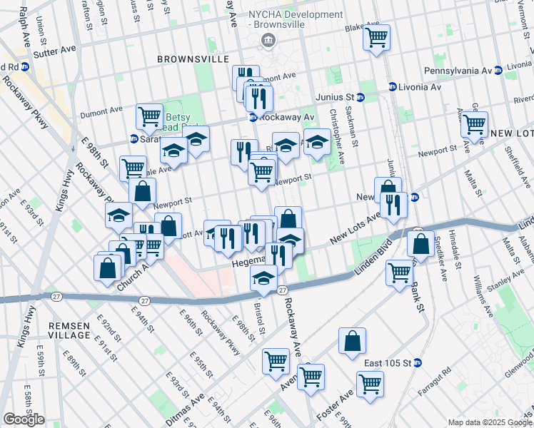 map of restaurants, bars, coffee shops, grocery stores, and more near 890 Rockaway Avenue in Brooklyn