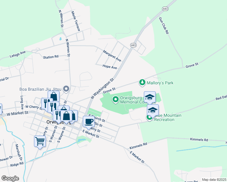 map of restaurants, bars, coffee shops, grocery stores, and more near 306 Grove Street in Orwigsburg