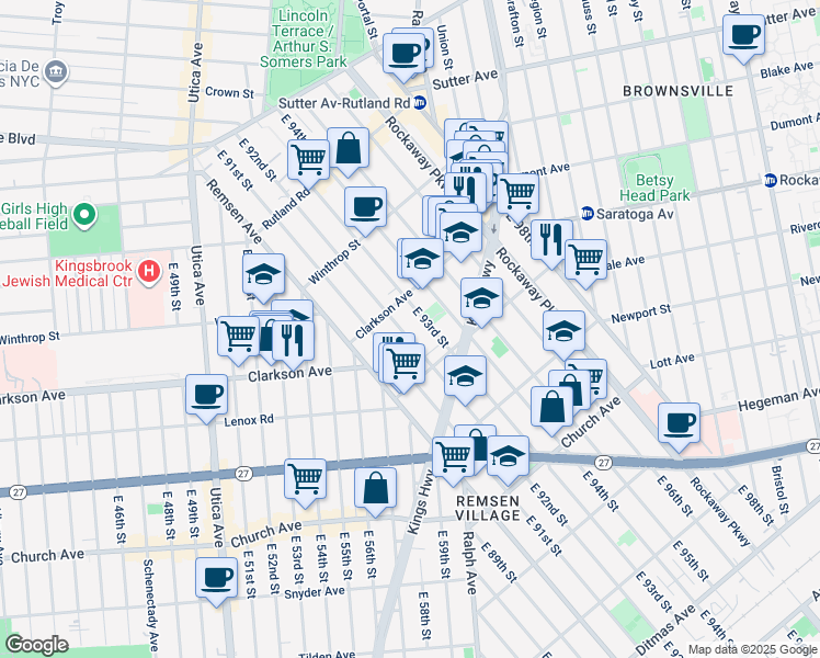 map of restaurants, bars, coffee shops, grocery stores, and more near 313 East 92nd Street in Brooklyn