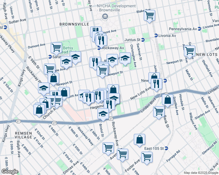 map of restaurants, bars, coffee shops, grocery stores, and more near 165 Lott Avenue in Brooklyn