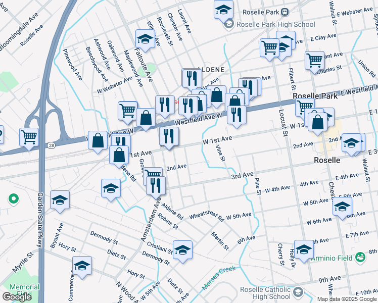 map of restaurants, bars, coffee shops, grocery stores, and more near 438 West 2nd Avenue in Roselle