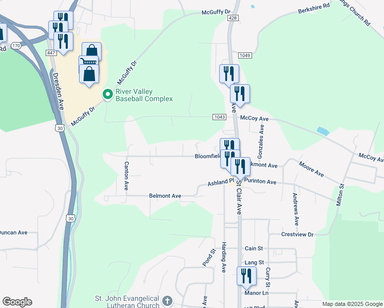 map of restaurants, bars, coffee shops, grocery stores, and more near 48841 Bloomfield Avenue in East Liverpool