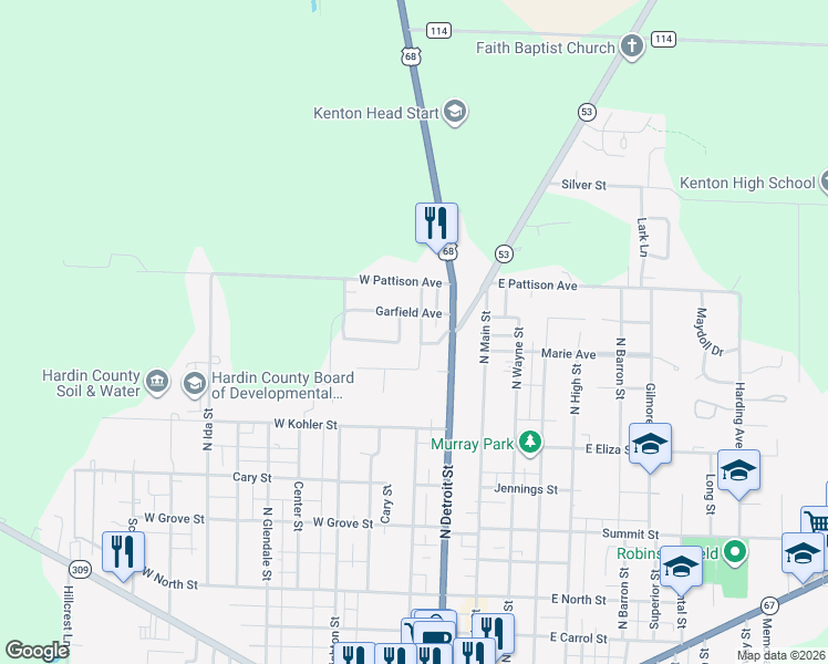 map of restaurants, bars, coffee shops, grocery stores, and more near 791 North Market Street in Kenton
