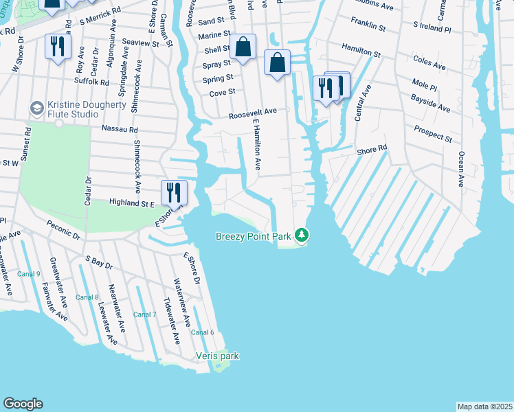 map of restaurants, bars, coffee shops, grocery stores, and more near 32 Pirates Cove in Massapequa