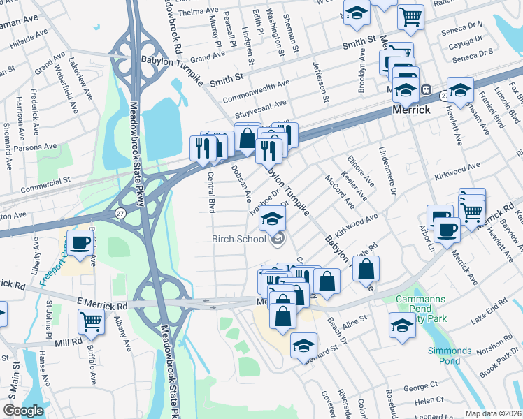 map of restaurants, bars, coffee shops, grocery stores, and more near 30 Central Parkway in Merrick