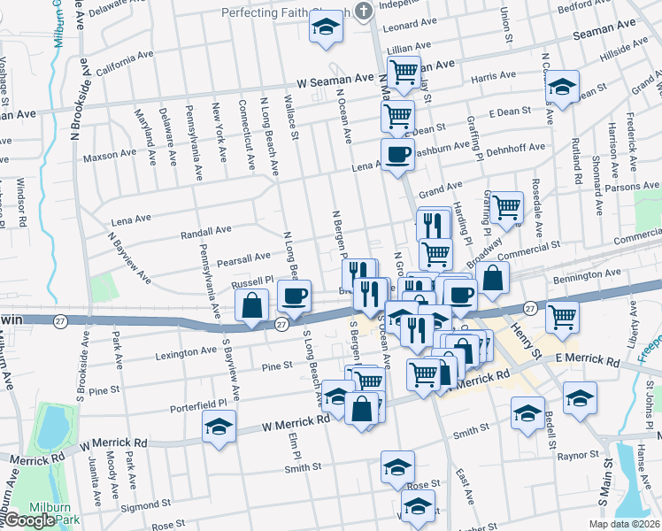 map of restaurants, bars, coffee shops, grocery stores, and more near 110 Brooklyn Avenue in Freeport