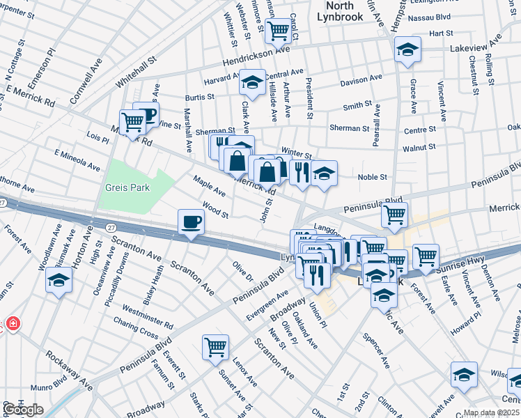 map of restaurants, bars, coffee shops, grocery stores, and more near 145 Lyon Place in Lynbrook