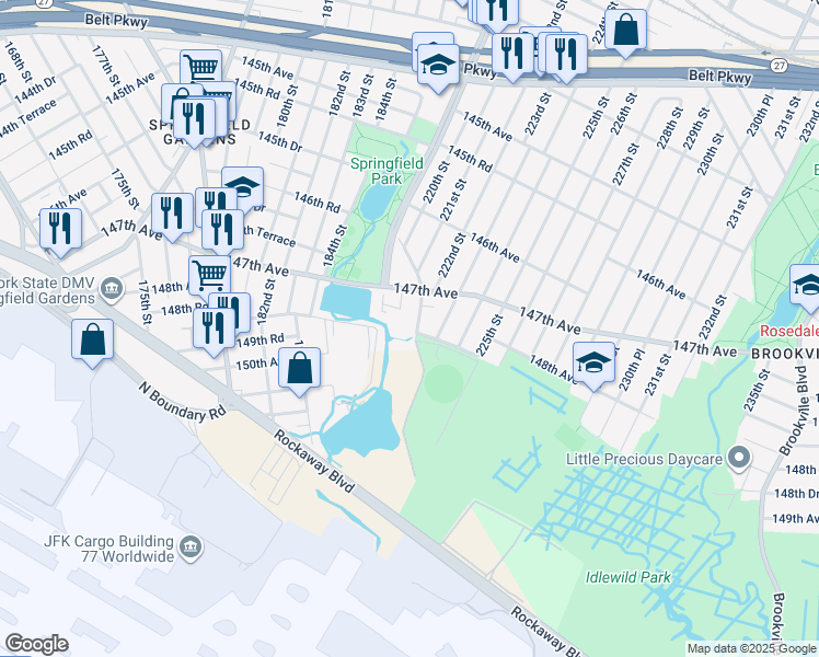 map of restaurants, bars, coffee shops, grocery stores, and more near 220-54 149th Avenue in Queens
