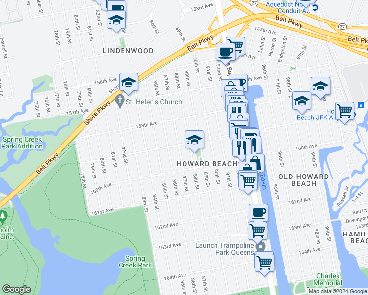 map of restaurants, bars, coffee shops, grocery stores, and more near 159-31 87th Street in Queens