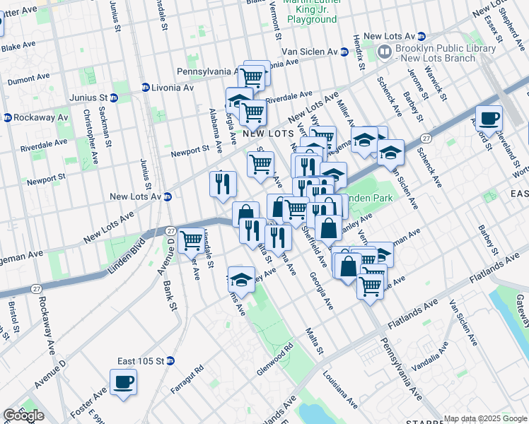 map of restaurants, bars, coffee shops, grocery stores, and more near 1866 Linden Boulevard in Brooklyn