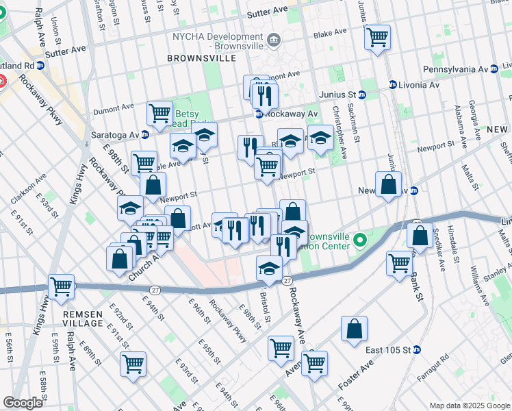 map of restaurants, bars, coffee shops, grocery stores, and more near 546 Bristol Street in Brooklyn