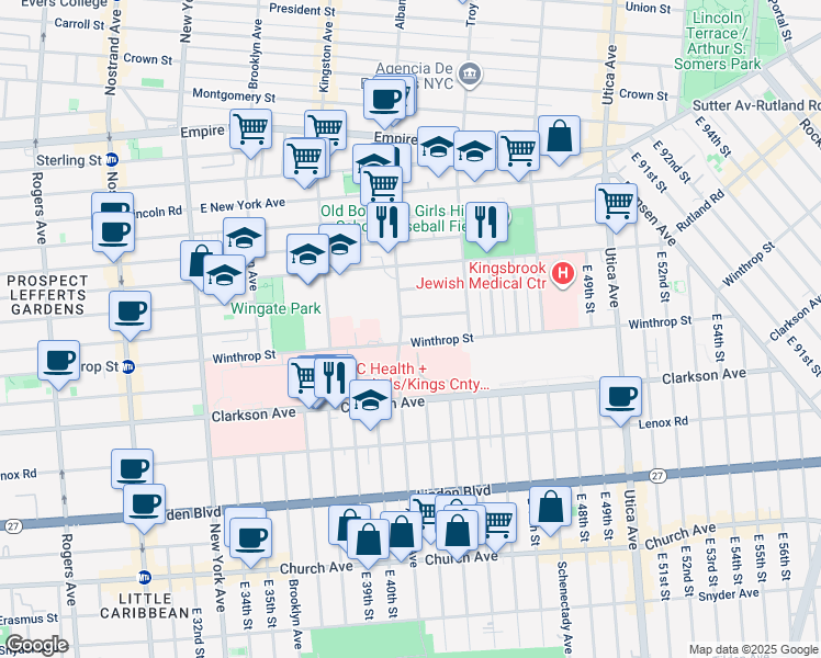 map of restaurants, bars, coffee shops, grocery stores, and more near 690 Albany Avenue in Brooklyn