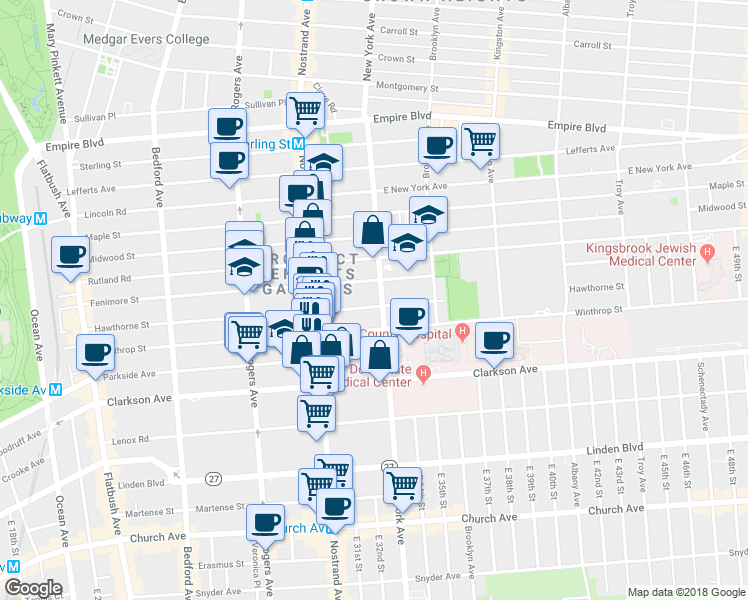 map of restaurants, bars, coffee shops, grocery stores, and more near 339 Winthrop Street in Brooklyn