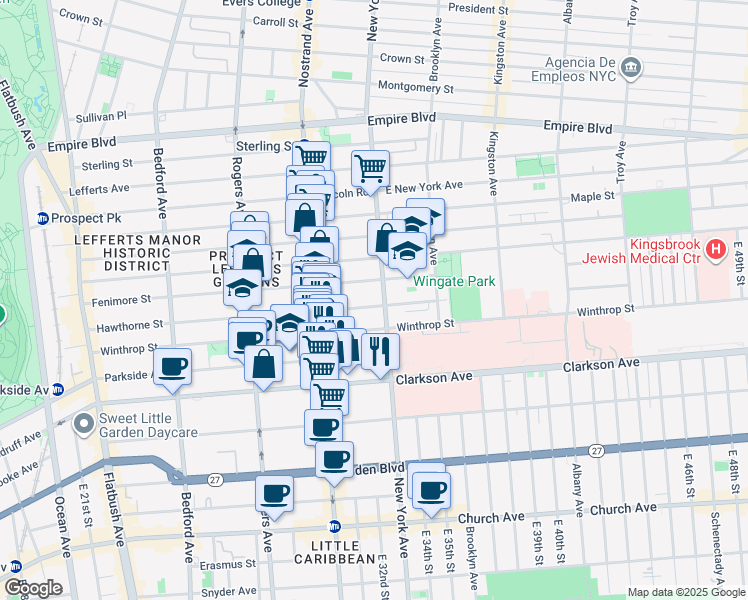 map of restaurants, bars, coffee shops, grocery stores, and more near 339 Winthrop Street in Brooklyn