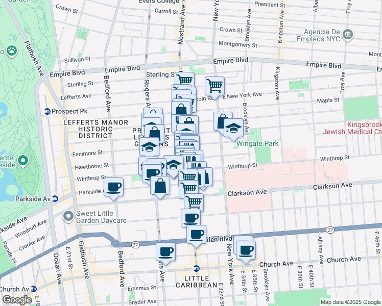 map of restaurants, bars, coffee shops, grocery stores, and more near 1217 Nostrand Avenue in Brooklyn