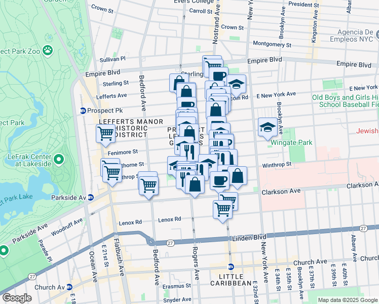 map of restaurants, bars, coffee shops, grocery stores, and more near 583 Rogers Avenue in Brooklyn