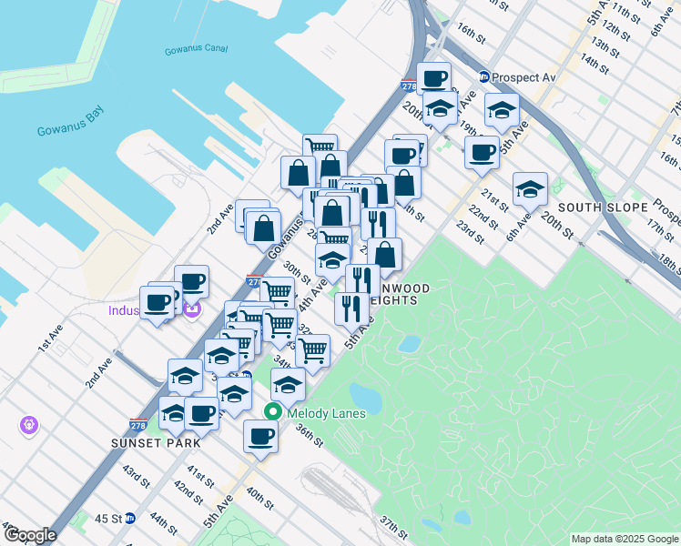 map of restaurants, bars, coffee shops, grocery stores, and more near 192 29th Street in Brooklyn